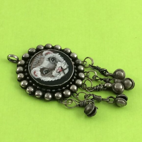 Handpainted Ferret Pendant Silvertone Metal Long Pet Artisan Danglers Polecat - Picture 3 of 11